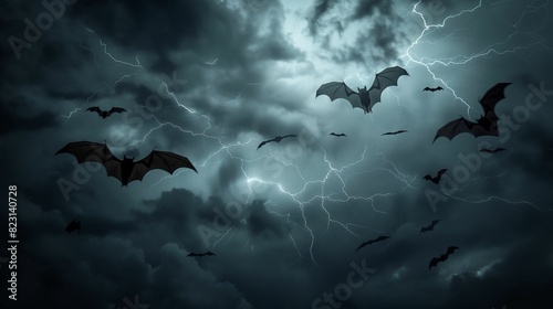 Image of silhouetted bats flying against a backdrop of ominous dark clouds.