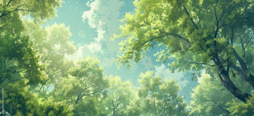 A lush green forest canopy against a clear blue sky A lush green forest canopy against a clear blue sky