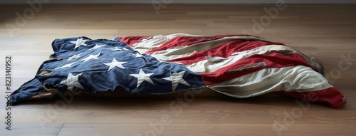 Crumpled American Flag on Wooden Surface