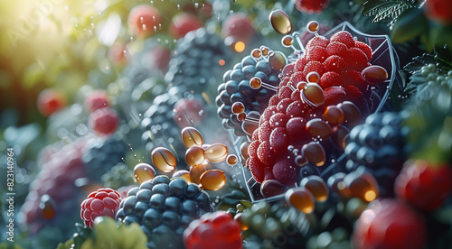 Immune System Defense shield-shaped organ surrounded by protective elements like vitamins and antioxidants, symbolizing the role of the immune system in defending against. Generative AI. photo