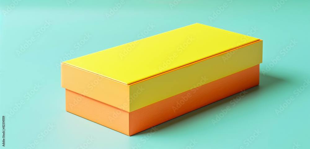 Simple and clean setting features a sunny yellow blank box with an orange lid. Simple and clean setting features a sunny yellow blank box with an orange lid.