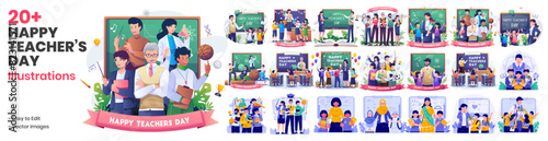 Mega Collection of Teacher’s Day Illustrations. A Group of Teachers From Various Fields Gathers. Happy Students Giving Gifts and Bouquets of Flowers to Their Teacher