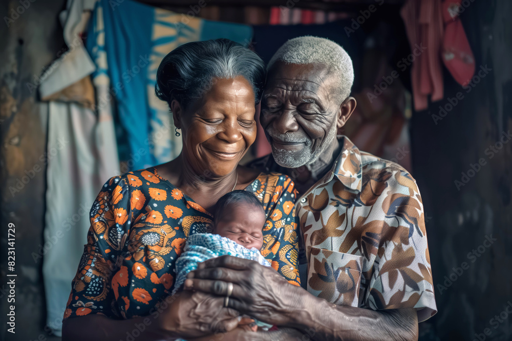 Elderly couple smiling and holding a newborn baby in a cozy home setting. Elderly couple smiling and holding a newborn baby in a cozy home setting.