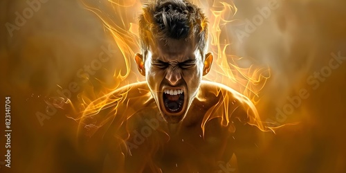 Detailed closeup of a man yelling with mouth wide open. Concept Angry expression, yelling man, intense emotions, detailed close-up, facial expression photo