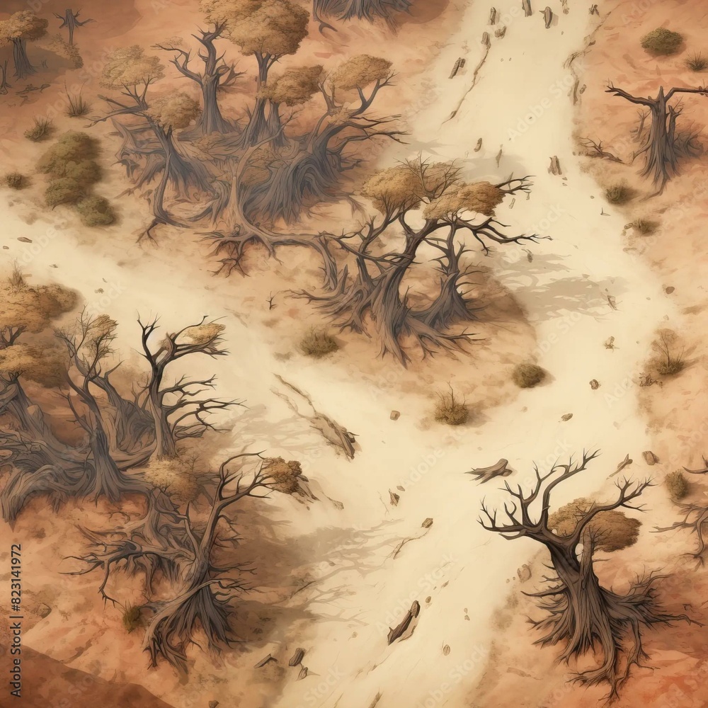 DnD Battlemap Dead Tree Forest in Desert: A barren landscape with only dry trees standing tall. DnD Battlemap Dead Tree Forest in Desert: A barren landscape with only dry trees standing tall.