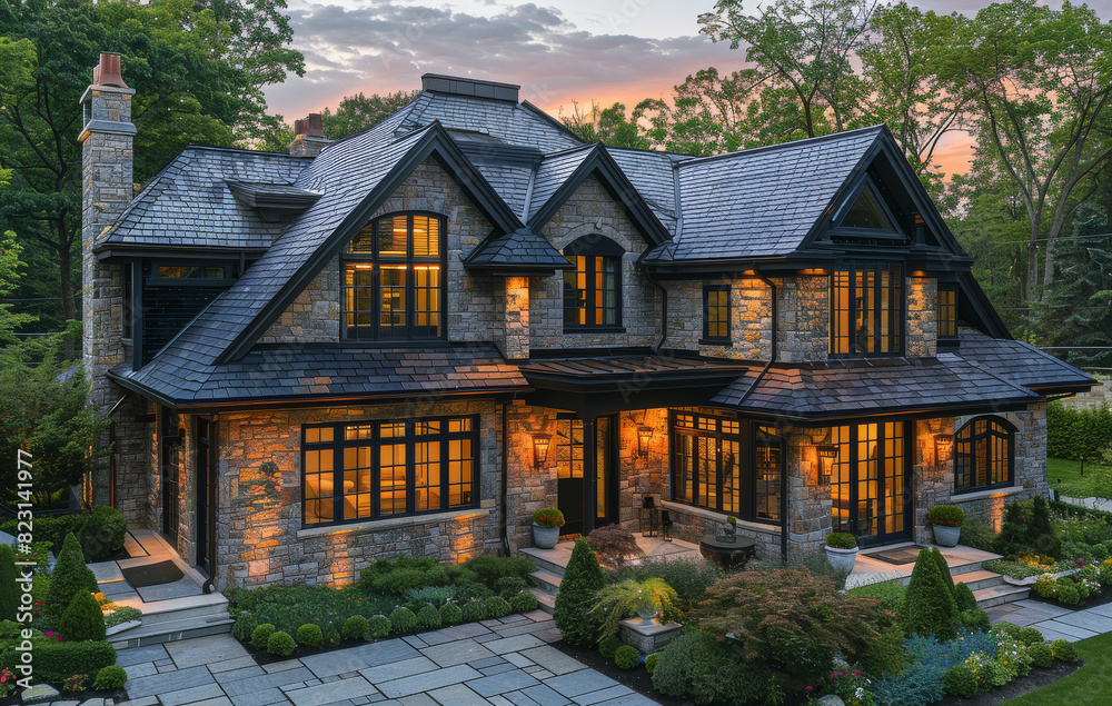 A photo of an exterior view of the roof on a house with stone-colored shingle and black trim, the color is light brown in tone. This style should be similar to a pure symmetrical style