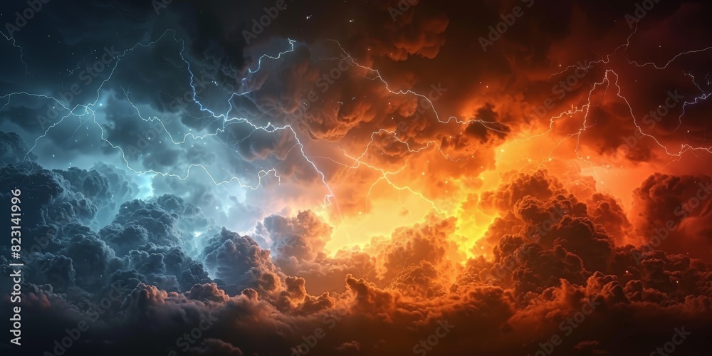 dark clouds sky with lightning and thunder, colorful orange blue ...