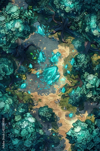 DnD Battlemap Mystical Forest: Dense trees, magical ambiance, enchanting scenery.