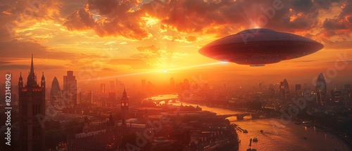 A city with a large UFO flying over it