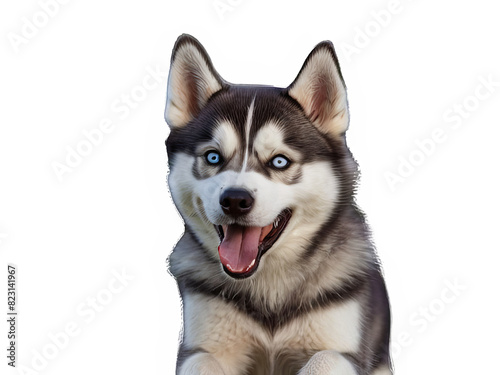 Funny and playful husky or pet dog is playing and jumping and looks happy isolated on transparent background. Little husky dog pretending. Cute and happy crazy dog ​​head smiling on transparent png © Peacock