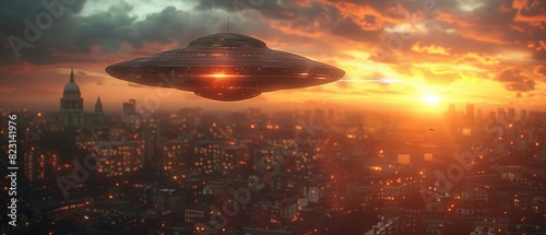A large alien spaceship is flying over a city at sunset photo