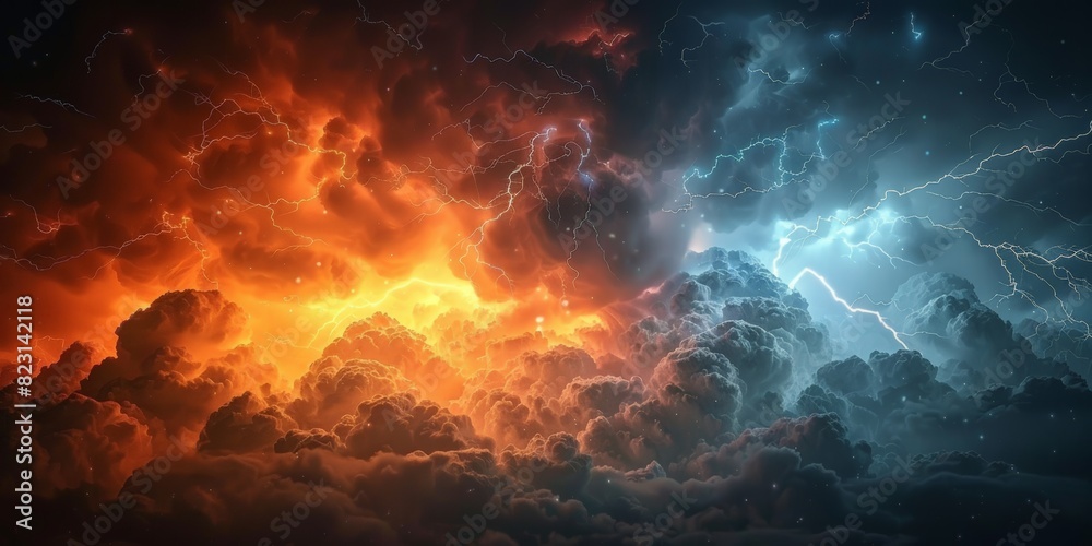 dark clouds sky with lightning and thunder, colorful orange blue lightning, stormy weather, Bright blue orange lightning strike in a thunderstorm sky, banner dark clouds sky with lightning and thunder, colorful orange blue lightning, stormy weather, Bright blue orange lightning strike in a thunderstorm sky, banner