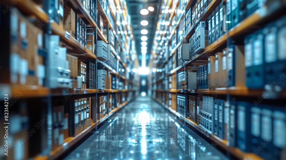 Document archive close-up, archive room, realistic style, bright, technology, modern office. Generative AI.