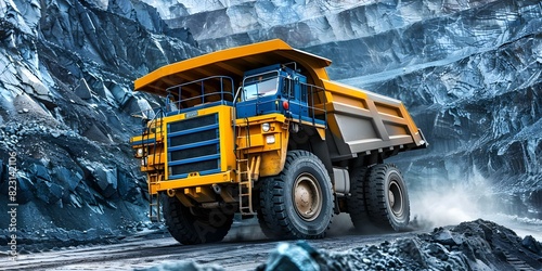 Large yellow mining truck in open pit coal mine quarry. Concept Mining Equipment, Industrial Machinery, Open Pit Mining, Quarry Operations, Heavy Machinery photo