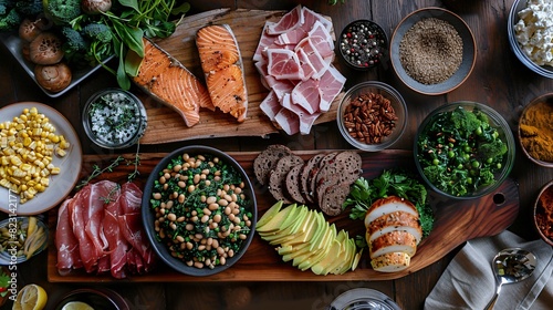 various types of food on a table including fish, meat, vegetables, fruits, and bread.