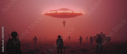 Fototapeta Naklejka Na Ścianę i Meble -  The soldiers are looking up at the spaceship