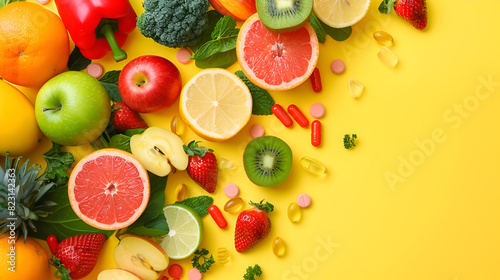 Assorted fruits and vegetables with pills on yellow background  generative Ai