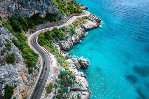 A high-resolution image of a winding coastal road during summer, with turquoise waters, rocky cliffs, and a car traveling along the route