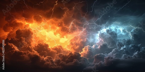 dark clouds sky with lightning and thunder  colorful orange blue lightning  stormy weather  Bright blue orange  lightning strike in a thunderstorm sky  banner