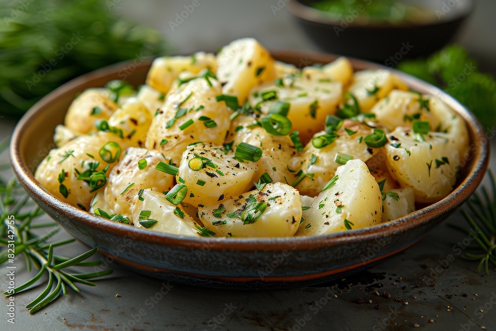 Kartoffelsalat - Creamy potato salad with herbs and a sprinkle of green onions. Kartoffelsalat - Creamy potato salad with herbs and a sprinkle of green onions.