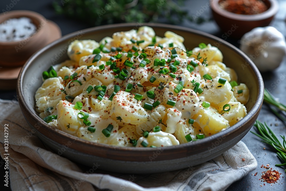 Kartoffelsalat - Creamy potato salad with herbs and a sprinkle of green onions. Kartoffelsalat - Creamy potato salad with herbs and a sprinkle of green onions.