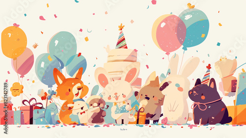 Cartoon animals celebrating birthday background for children and birthday themes, featuring cartoon animals celebrating a birthday, with copy space text, for children and birthday themes.