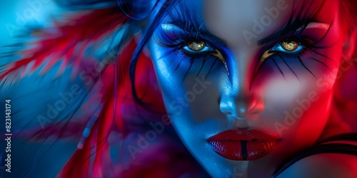 Closeup of woman with gold eyes and heavy punk makeup in red and black. Concept Closeup Portraits, Gold Eyes, Punk Makeup, Red and Black Theme photo
