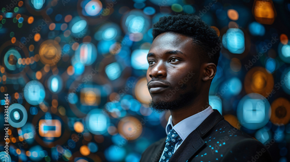 African businessman surrounded by virtual icons representing online communication and finance