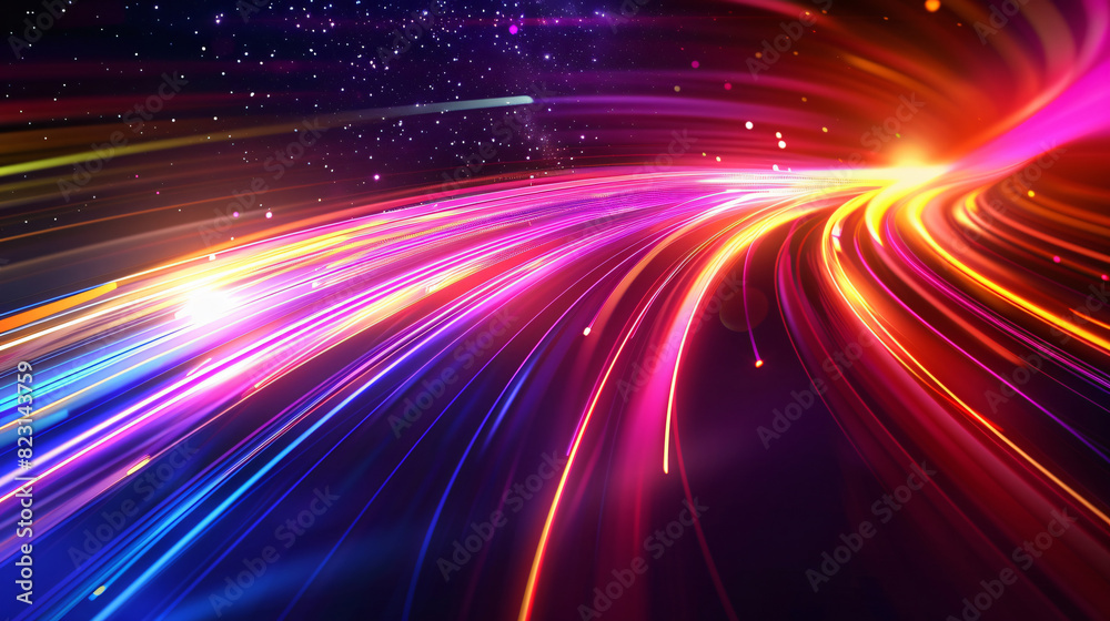 Colorful light trails with a starry sky background for technology and science, featuring light streaks and stars, with copy space text, for futuristic and abstract themes. Colorful light trails with a starry sky background for technology and science, featuring light streaks and stars, with copy space text, for futuristic and abstract themes.