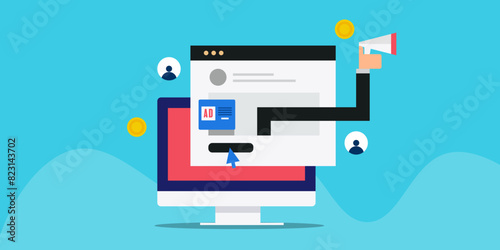 Advertising on internet, business promotion paid media campaign website ads PPC conceptual vector illustration.