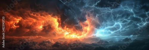 dark clouds sky with lightning and thunder, colorful orange blue lightning, stormy weather, Bright blue orange  lightning strike in a thunderstorm sky, banner photo