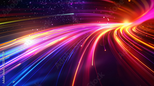 Colorful light trails with a starry sky background for technology and science, featuring light streaks and stars, with copy space text, for futuristic and abstract themes.