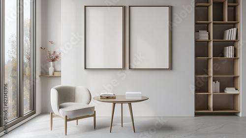 Minimalist living room with two frames background for interior design and home decor  featuring a white chair and a bookshelf  with copy space text  for home staging and real estate.