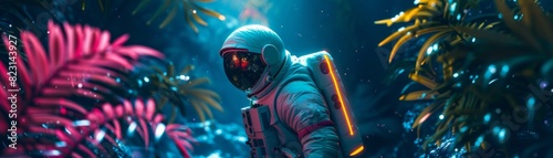 A lone astronaut in a futuristic spacesuit explores an alien jungle with vibrant neon-colored plants, creating a surreal sci-fi scene. photo