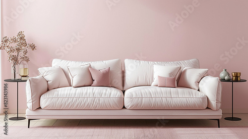 A modern sofa against a light pink wall backdrop featuring stylish decor, interior accessories, and a panoramic view of a luxurious living room.