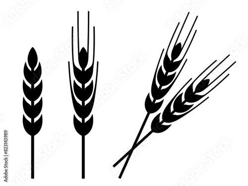 Wheat ear icon, black silhouette isolated on white. Spikelet of wheat, rye or barley with awn, stencil style. Vector clipart, minimalist sign or simple logo for agriculture or farming design.