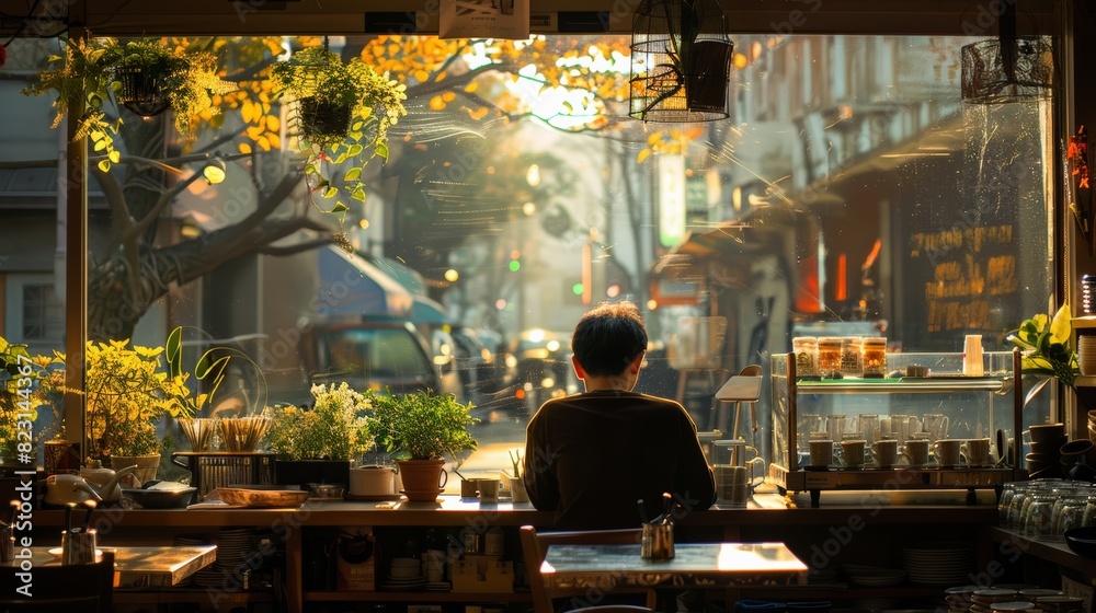A person sits at a cozy cafe, enjoying a sunny morning with a street view filled with vibrant autumn colors and urban life.