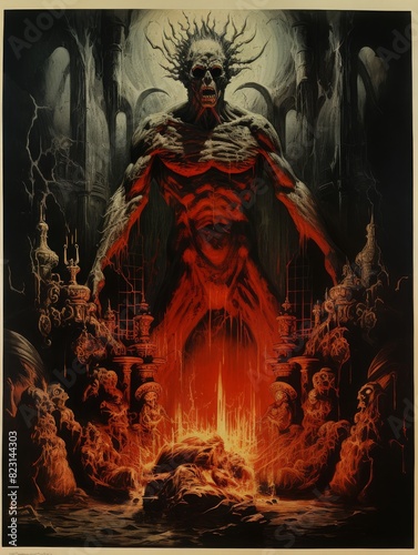 A terrifying demon emerges from flames in a dark and gothic underworld filled with skeletal figures and eerie structures