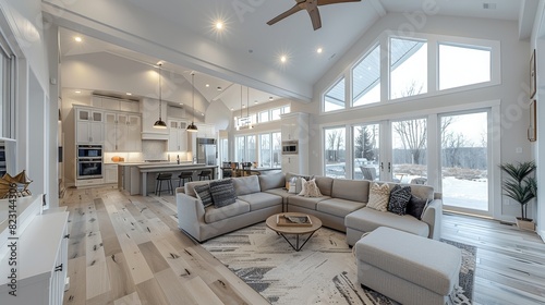 The living room in an open concept home with white walls, grey couches, a ceiling fan on vaulted ceilings, a kitchen area to one side, an island bar centered between cabinets. Generative AI. photo