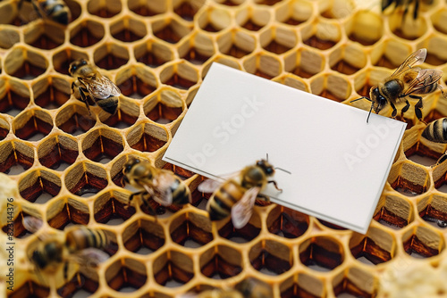 Unique honeycomb pattern displayed on a hexagon cluster blank business card mockup. photo