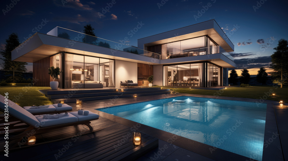 Twilight Elegance: Modern Luxury Home with Pool