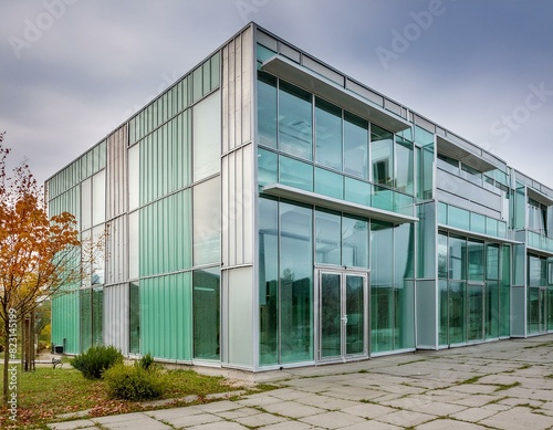 two story modern small industrial minimalist design style office building, incorporate glass elements