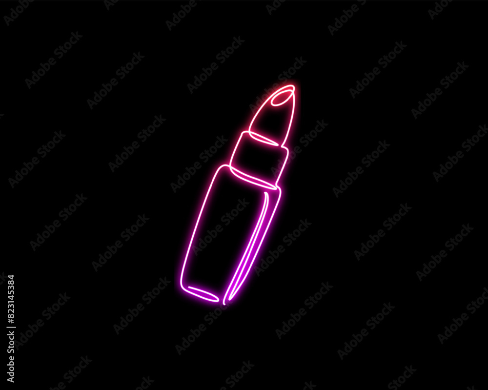 Neon light glow of lipstick - cosmetics . Continuous one line drawing of lipstick.
