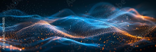 blue orange glowing light path trail., The concept of technology and information transfer. Abstract digital background. Optical fiber of digital communication. Vector illustration on a dark background