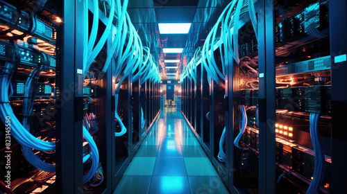 Futuristic Data Center With Blue Neon Lights