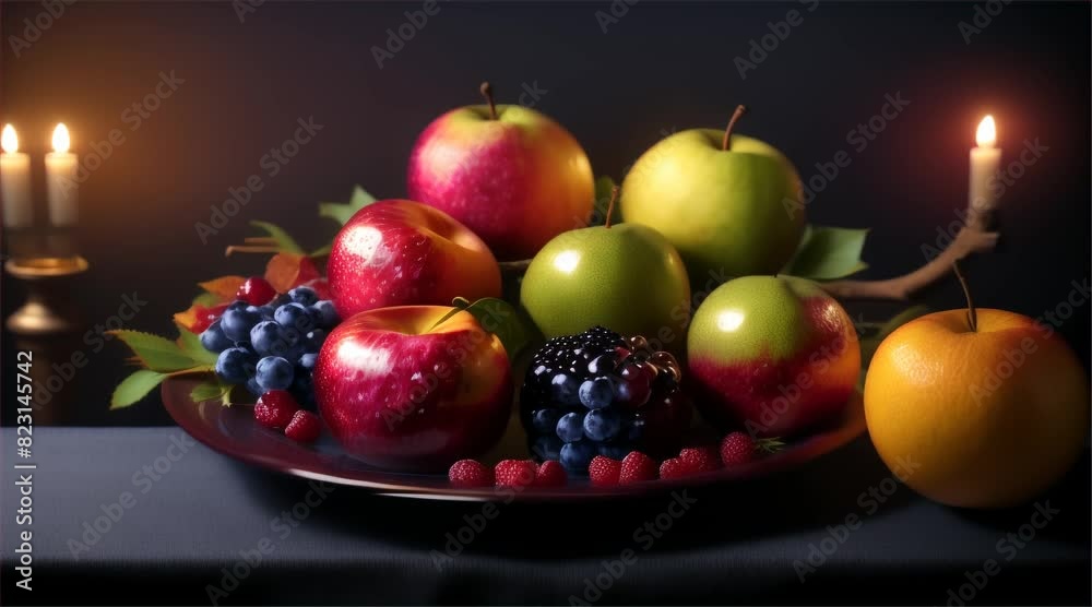 A variety of fresh fruits on trays against a dark background lit by candles. A variety of fresh fruits on trays against a dark background lit by candles.