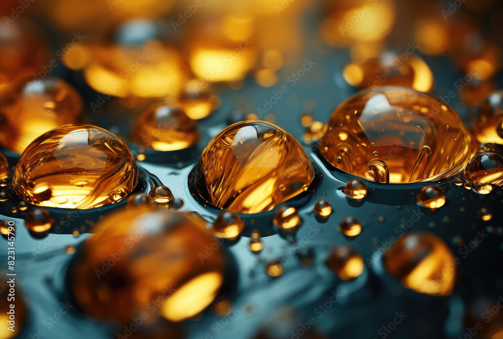 Golden Water Droplets on Glossy Blue Background Golden Water Droplets on Glossy Blue Background