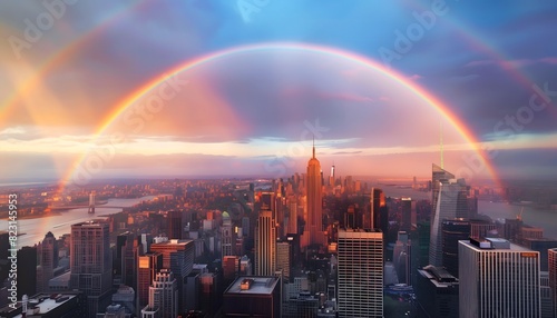 Stunning Rainbow Over City Skyline at Sunset