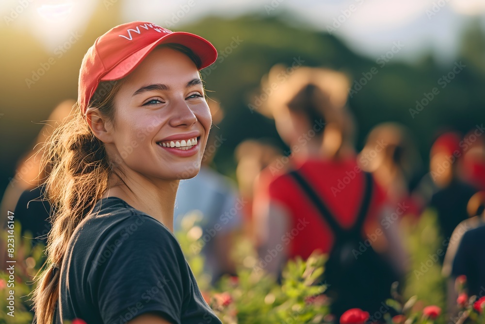 A young woman with a red cap smiles while volunteering outdoors among flowers and greenery A young woman with a red cap smiles while volunteering outdoors among flowers and greenery