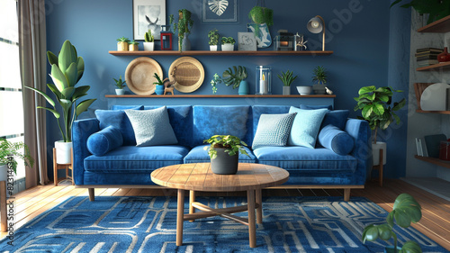 Blue sofa, wooden table, and blue living room decor in a 3D animated.